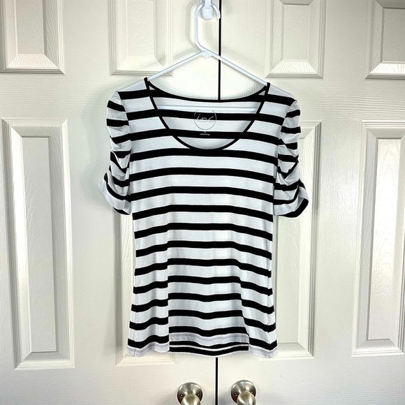 INC International Concepts Tops - Nautical Stripe Top, Size M, Ruched Sleeves, Bodycon, Inc International Concepts